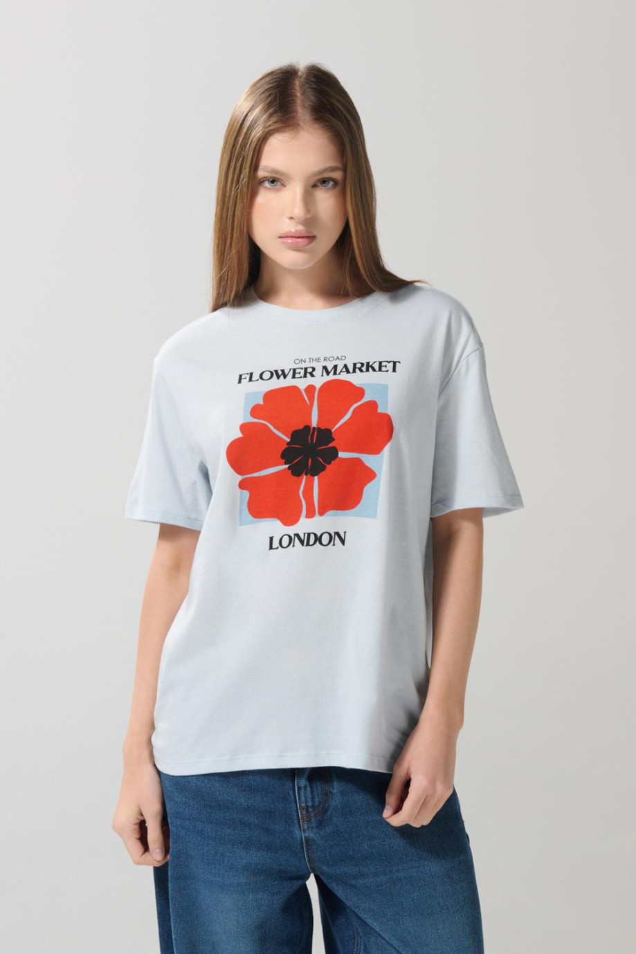 Camiseta en algodón estampada unicolor con manga corta