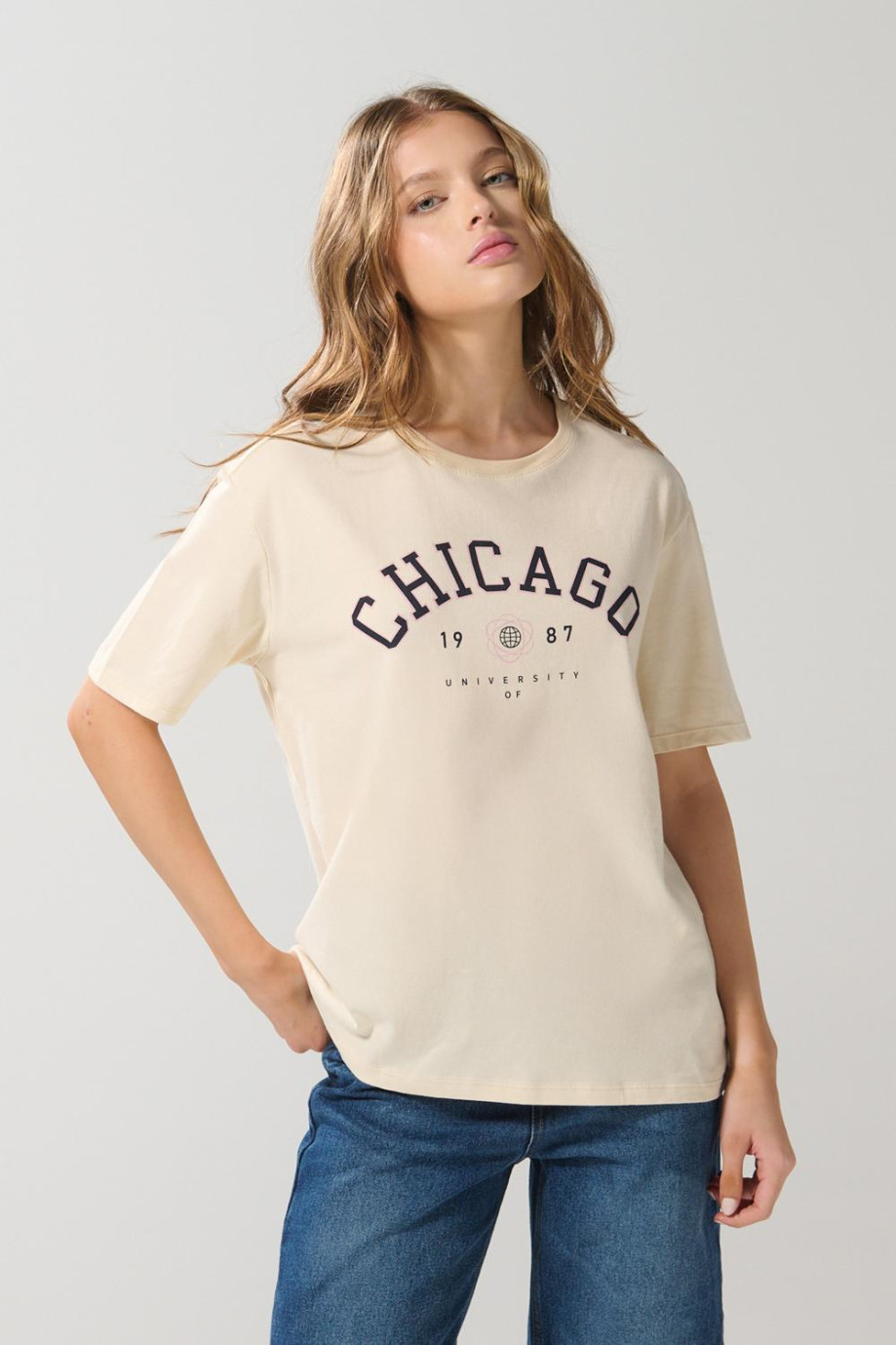 Camiseta kaki clara manga corta college en algodón