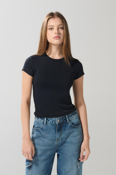 Camiseta unicolor manga corta ajustada en rib