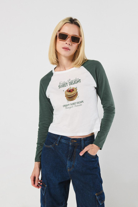 Camiseta manga ranglan larga unicolor con arte de comida