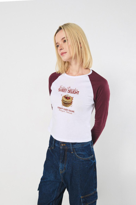 Camiseta manga ranglan larga unicolor con arte de comida