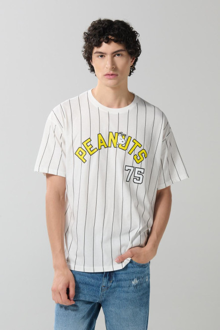 Camiseta a rayas crema oversize manga corta de Snoopy