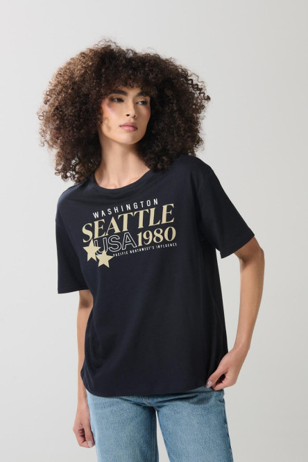 Camiseta holgada manga corta negra con arte college
