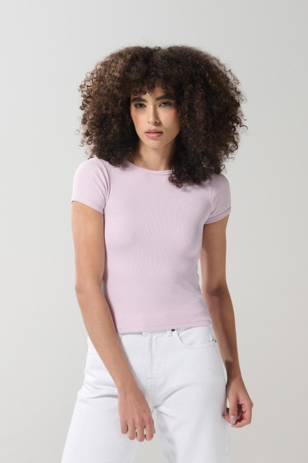 Camiseta ajustada manga corta unicolor con cuello redondo
