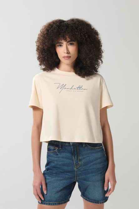 Camiseta unicolor crop top con arte college delantero