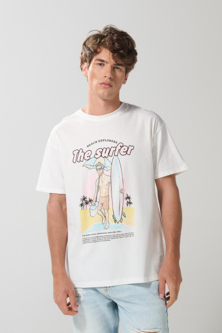 Camiseta unicolor cuello redondo con estampado de playa