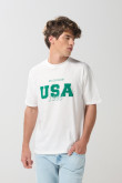 Camiseta manga corta crema con arte college verde