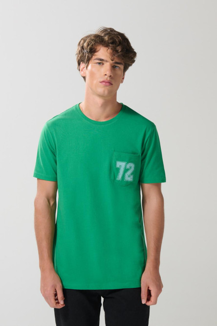 Camiseta college verde oscura manga corta con bolsillo