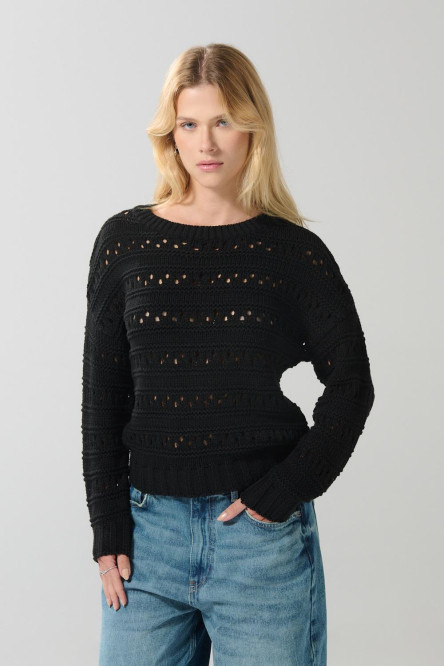 Suéter negro cuello redondo con diseños localizados