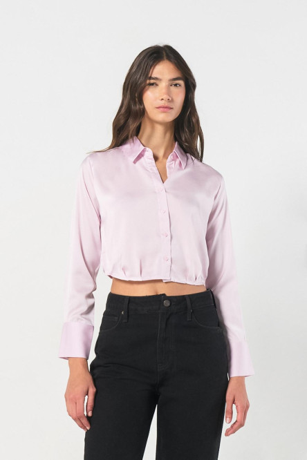 Blusa crop top unicolor con prenses y manga larga