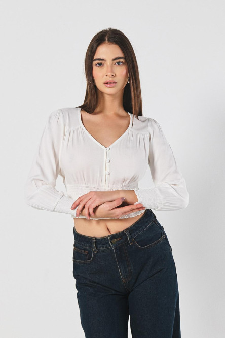 BLUSA RAYON/UNICOLOR ESCOTE V ENCAUCHADA MANGA LARGA.