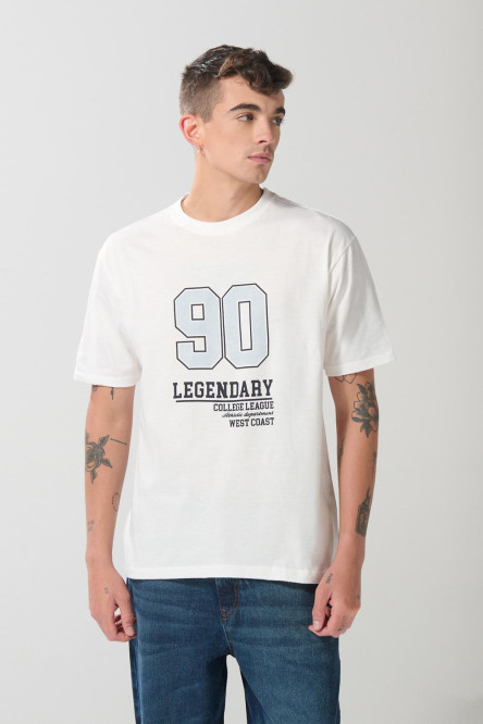 Camiseta hombro rodado college crema con manga corta