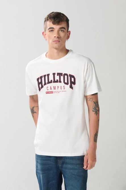Camiseta crema en algodón college con cuello redondo