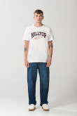 Camiseta crema en algodón college con cuello redondo