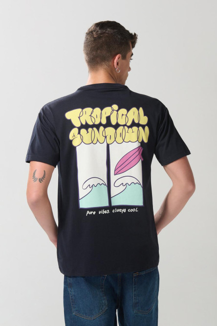 Camiseta unicolor manga corta con estampado de playa