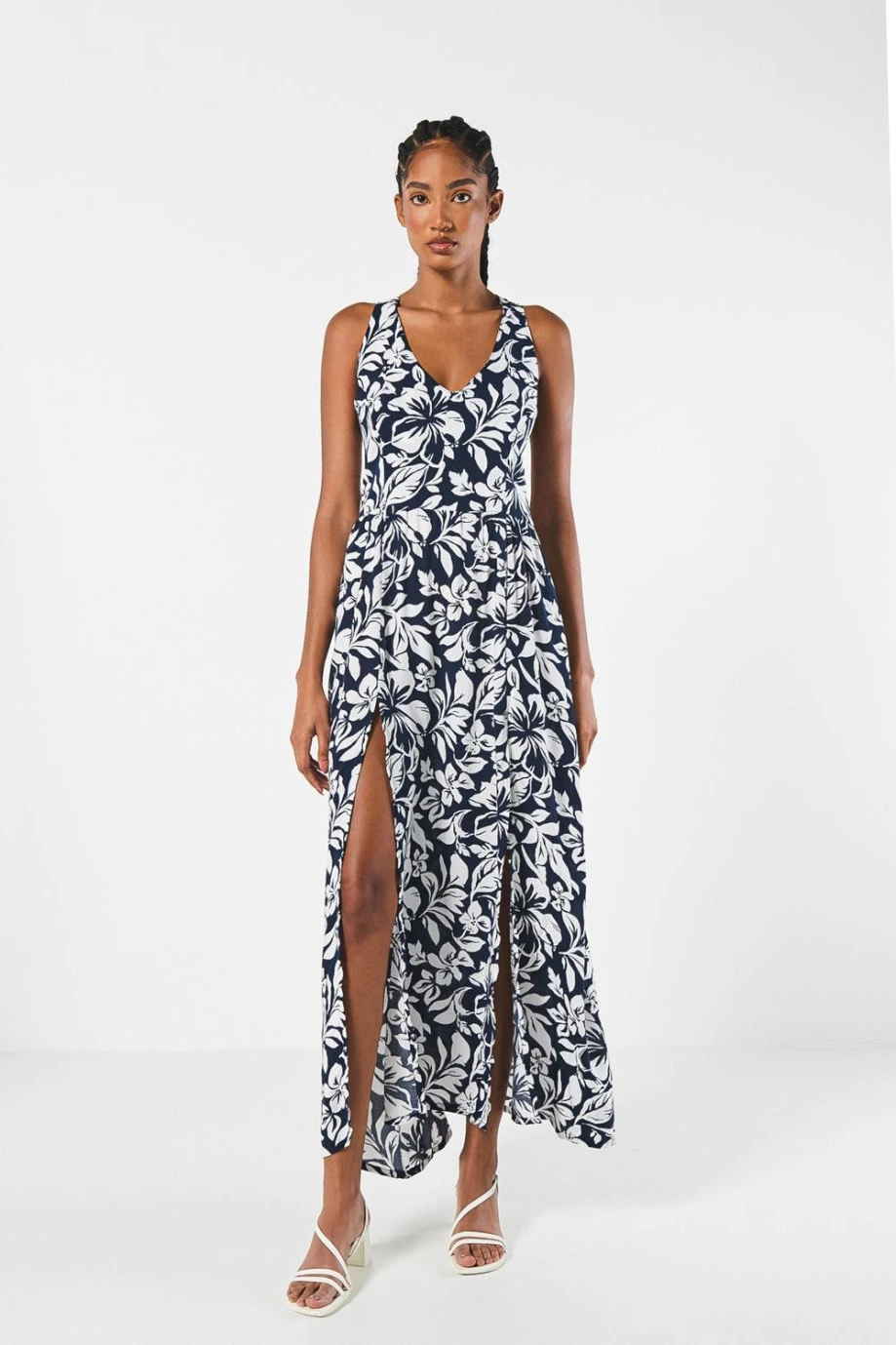 VESTIDO LARGO ESTAMPADO/RAYON/ABERTURA FALDA/ESCOTE ESPALDA