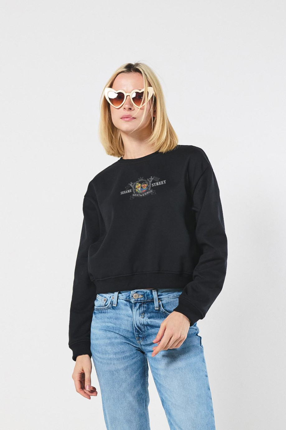 Sueter cuello redondo hombro rodado con estampado de Plaza sesamo