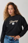 Buzo crop top negro con arte college y cuello redondo