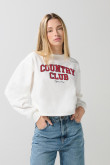 Buzo crop top cuello redondo para mujer, cuello y puños con rib, estampado en frente.