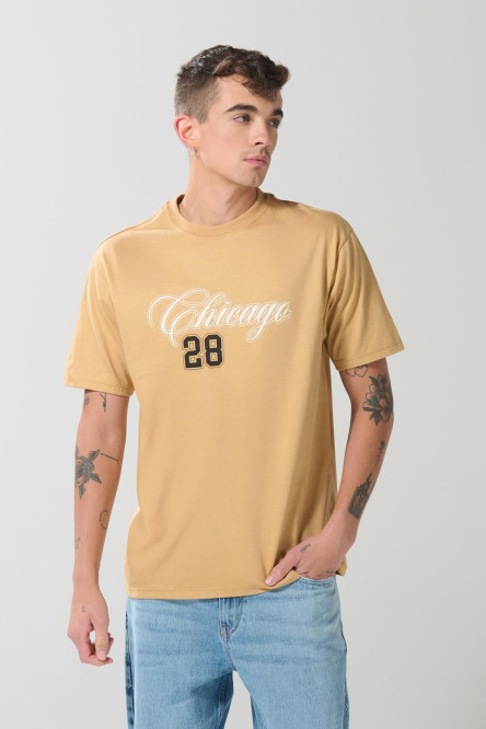 Camiseta café clara en algodón college con manga corta