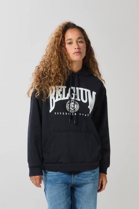 Buzo oversize college azul con capota y bolsillo