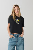 Camiseta crop top negra con diseño de Félix el Gato