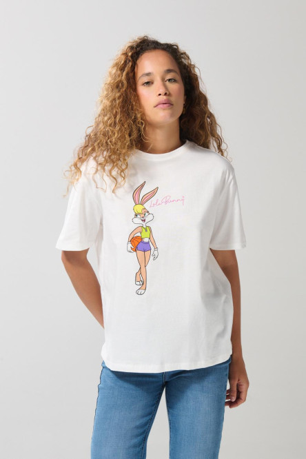 Camiseta crema cuello redondo con arte de Looney Tunes