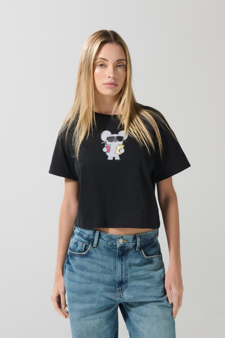 Camiseta negra crop top con arte de Osos Escandalosos