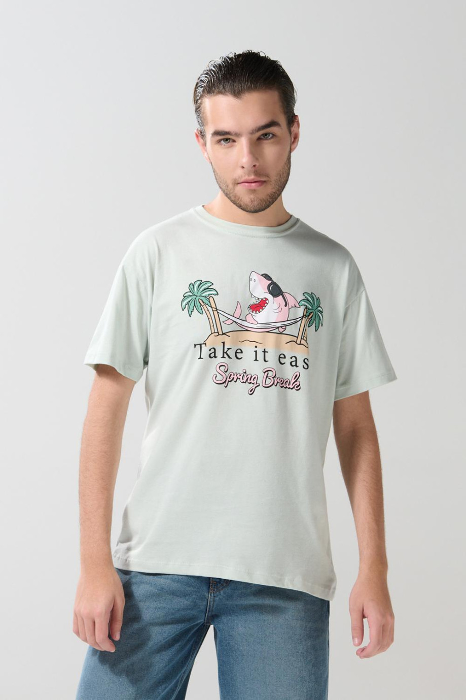 Camiseta unicolor cuello redondo con estampado de playa