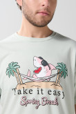 Camiseta unicolor cuello redondo con estampado de playa