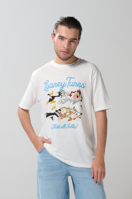 Camiseta cuello redondo crema con diseño de Looney Tunes