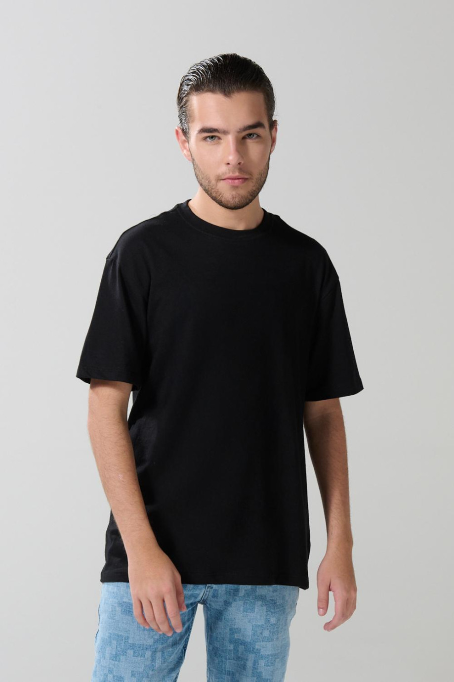 Camiseta hombro rodado en algodón unicolor con manga corta