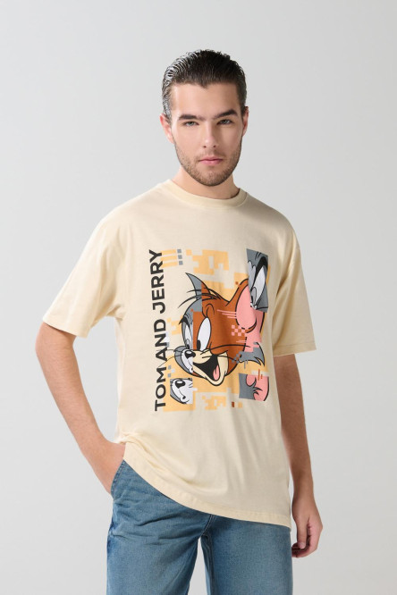 Camiseta kaki cuello redondo con diseño de Tom y Jerry