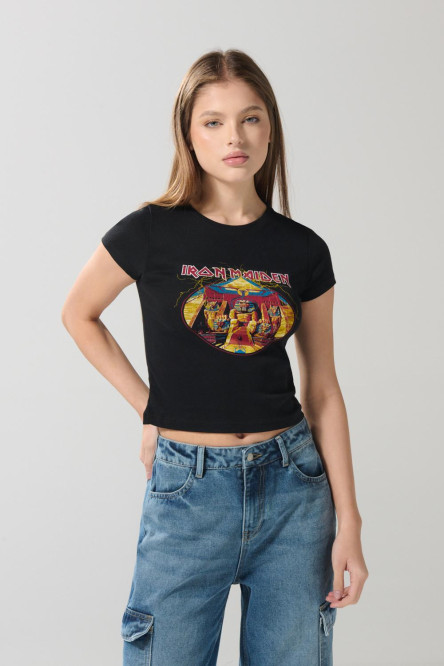 Camiseta negra acanalada manga corta de Iron Maiden