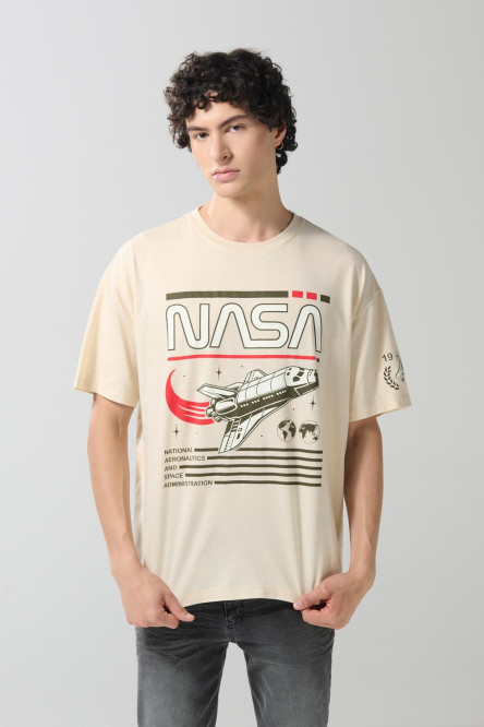 Camiseta oversize kaki clara de NASA con cuello redondo