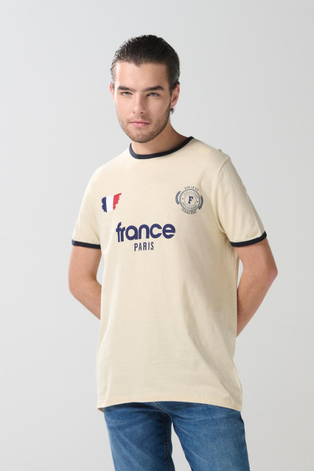 Camiseta bodysize manga corta unicolor con contrastes y estampado en frente estilo College.