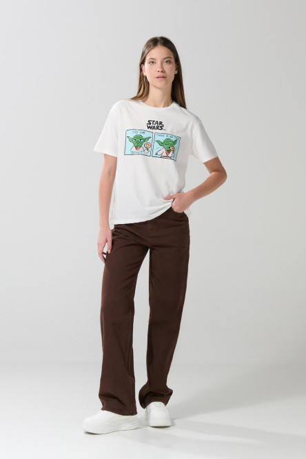 Camiseta para mujer manga corta, unicolor, hombro rodado, estampado en frente de The Mandalorian.