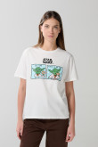 Camiseta para mujer manga corta, unicolor, hombro rodado, estampado en frente de The Mandalorian.