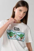 Camiseta para mujer manga corta, unicolor, hombro rodado, estampado en frente de The Mandalorian.