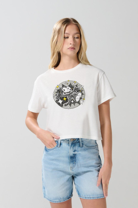 Camiseta crop top crema con diseño de Félix el Gato