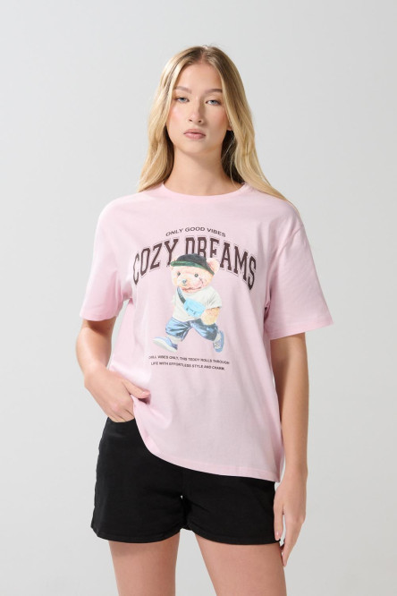 Camiseta unicolor manga corta con diseño de osito