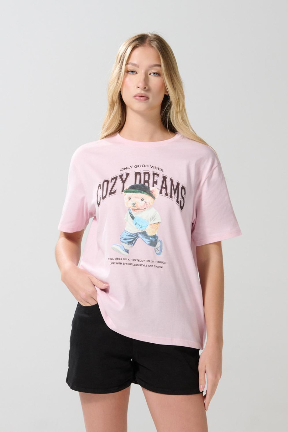 Camiseta unicolor manga corta con diseño de osito