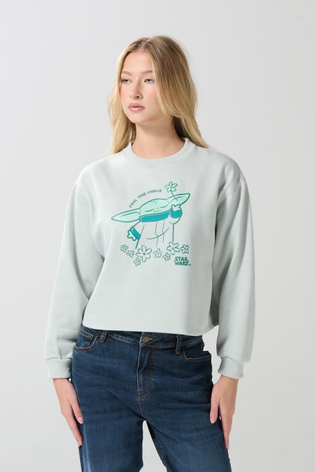 Buzo verde claro crop top con arte de The Mandalorian