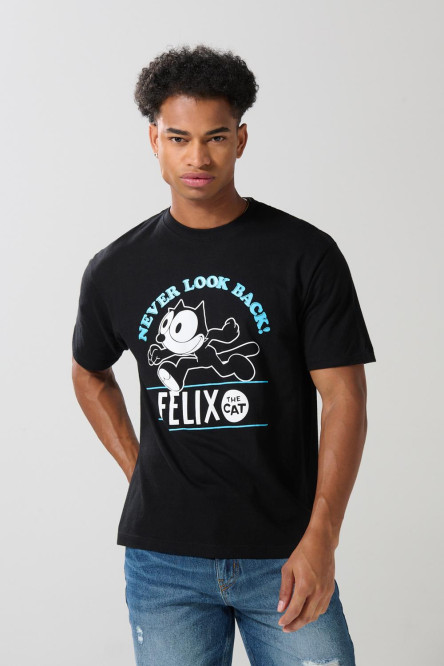 Camiseta negra de Félix el Gato con cuello redondo