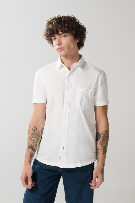 Camisa en algodón unicolor manga corta con cuello sport
