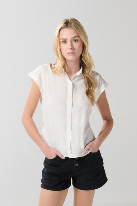 Blusa manga corta unicolor con hombro rodado y aberturas