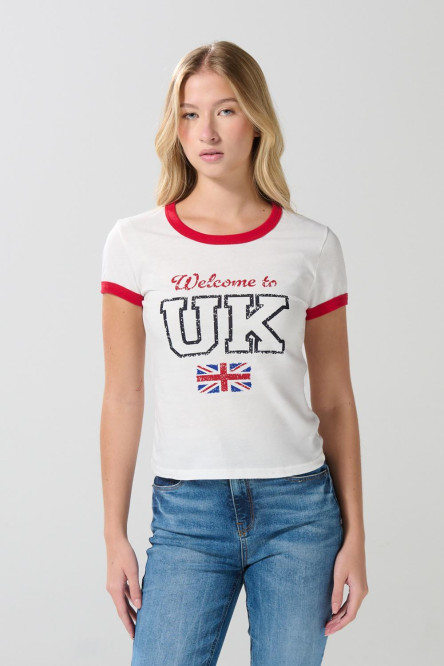 Camiseta college crema manga corta con contrastes rojos
