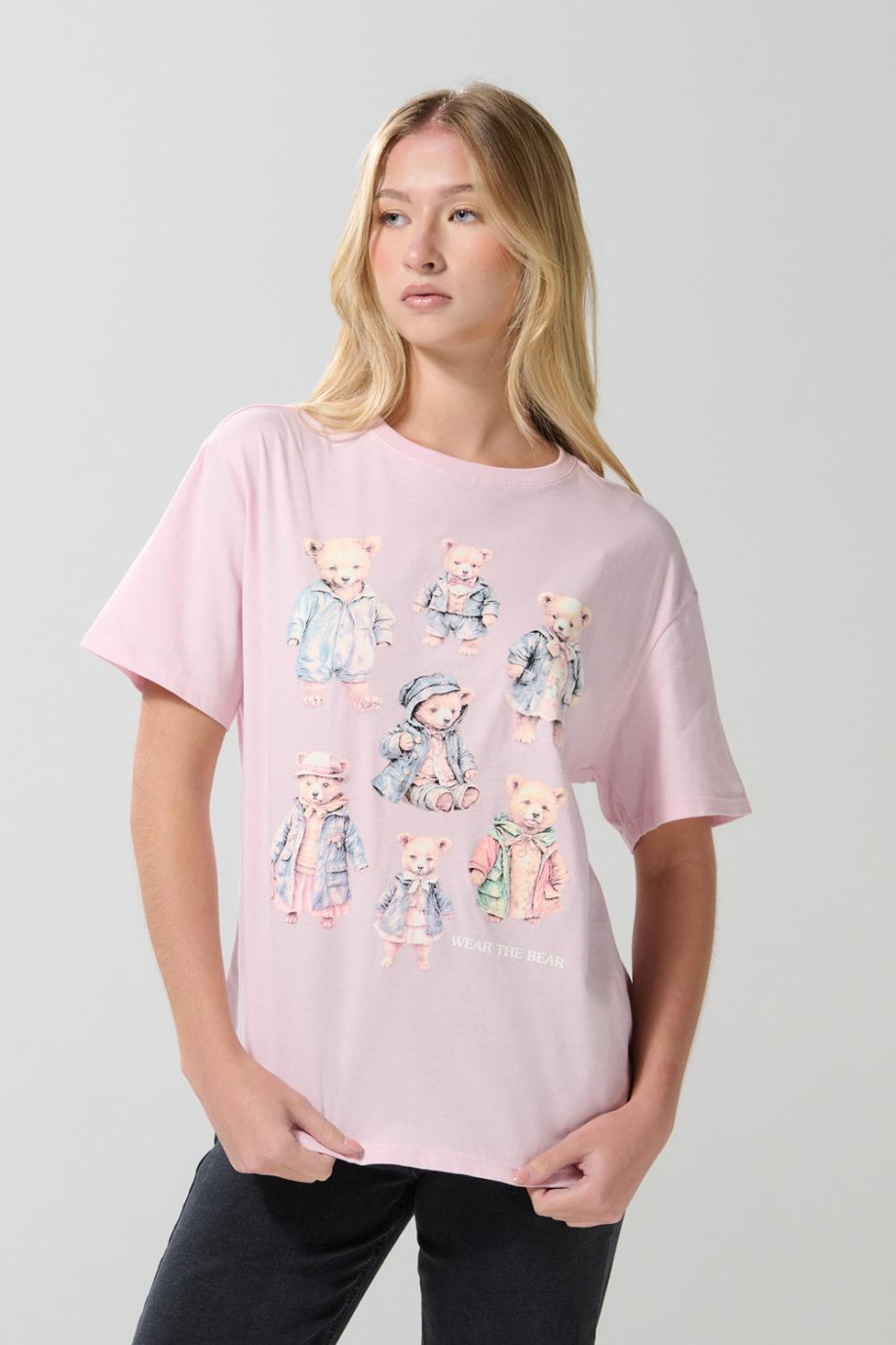Camiseta unicolor manga corta con arte de osito