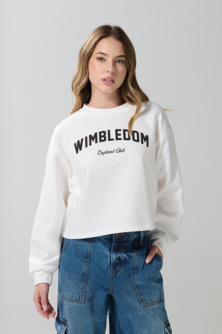 Buzo crema claro crop top con arte college en frente