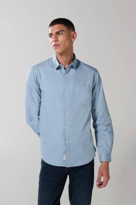 Camisa unicolor en algodón manga larga con bolsillo